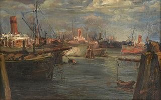 AMERICAN SCHOOL (20th Century) A PAINTING, "View of Shrimp Boats and Tugboats in the Harbor,"