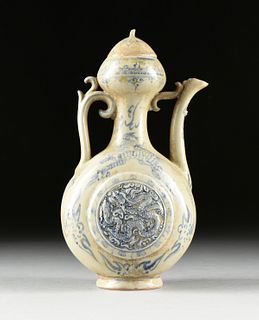 A VIETNAMESE/ANNAMESE BLUE AND WHITE PORCELAIN DOUBLE GOURD EWER, SHIPWRECK ARTIFACT, 15TH/16TH CENTURY,
