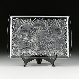 A LALIQUE FROSTED ETCHED CRYSTAL "PERDRIX" SERVING TRAY, FRANCE, LATE 20TH CENTURY,