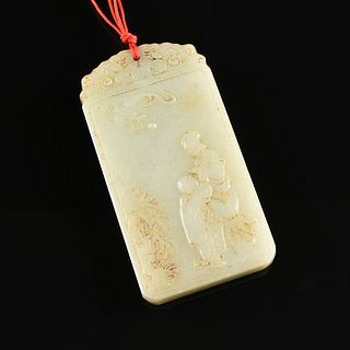 A QING DYNASTY CELADON JADE FIGURAL POEM PLAQUE PENDANT, CHINESE, 1644-1912,