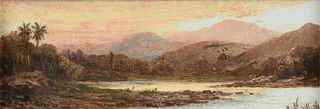 attributed to LUIZ COTO (Mexican 1830-1891) A PAINTING, "Pink Clouds over Mountains in Riverscape,"