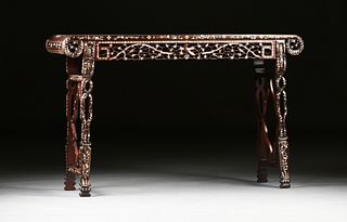 A CHINESE EXPORT MOTHER OF PEARL INLAID CARVED HARDWOOD ALTER TABLE, MODERN,