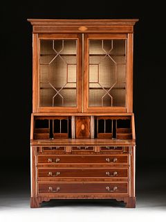 A FEDERAL SATINWOOD INLAID FLAME MAHOGANY DROP FRONT SECRETARY BOOKCASE, EARLY 19TH CENTURY,