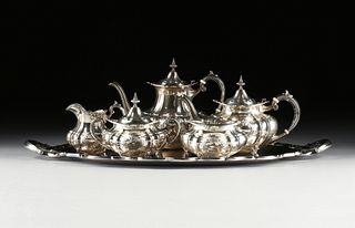 A SIX PIECE REED & BARTON STERLING SILVER AND PLATED TEA/COFFEE SERVICE, HAMPTON COURT SHIELD PATTERN, MARKED, 20TH CENTURY,