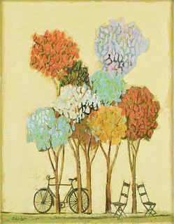 DAVID ADICKES (American/Texas b. 1927) A PAINTING, "Five Trees with Bicycle and Chairs,"