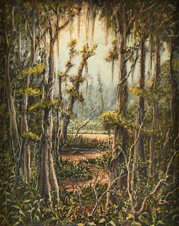 S.S. FISHER (American 20th Century) A PAINTING, "Sunlight in the Deep Swamp,"