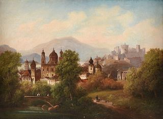 FERDINAND LEPIE (Czech 1824-1883) A PAINTING, "View of Kost Castle in Landscape,"
