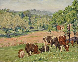 EDWARD CHARLES VOLKERT (American 1871-1935) A PAINTING, "Dairy Cows in Pasture with Farmhouse,"
