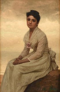 JOHN GEORGE BROWN (American 1831-1913) A PAINTING, "Patient Beauty Sitting by the Sea,"