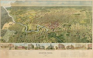 AN ANTIQUE BIRD'S EYE VIEW MAP, "Houston, Texas (Looking  South)," 1891,
