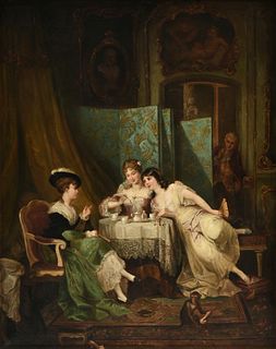 attributed to JEAN BAPTIST MALLET (French 1759-1835) A PAINTING, "Three Ladies Reading a Letter During Tea,"