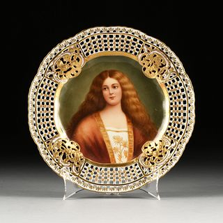 A ROYAL VIENNA STYLE PORCELAIN PLATE WITH PORTRAIT OF AN AMBER HAIRED BEAUTY, "Elegie," DRESDEN, EARLY 20TH CENTURY,