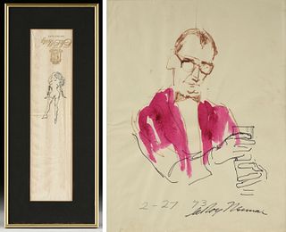 LEROY NEIMAN (American 1921-2012) TWO DRAWINGS, "Femlin at the Ritz," and "Portrait of Hugh Hefner," NEW YORK, 1973,