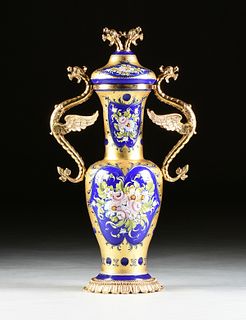 A MURANO COBALT GLASS 24K PARCEL GILT ENAMELED METAL MOUNTED LIDDED URN, ITALY, 20TH CENTURY, 