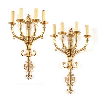 A PAIR OF FRENCH EMPIRE GILT BRONZE FOUR LIGHT WALL SCONCES, EARLY/MID 20TH CENTURY,