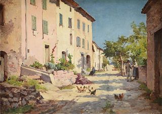 LOUIS ÉMILE MINET (French 1855-1920) A PAINTING, "Chickens in the Road,"