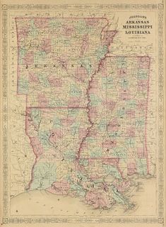 AN ANTIQUE AMERICAN RECONSTRUCTION ERA MAP, "Johnson's Arkansas, Mississippi, and Louisiana," NEW YORK,1865-1869
