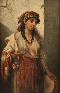 EM SAMARCO (Italian 19th/20th Century) A PAINTING, "Gypsy Girl with Tambourine and Gold Coin Necklace,"