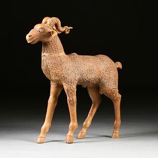 AN ANTIQUE CARVED WOOD GOAT SCULPTURE, 19TH CENTURY,