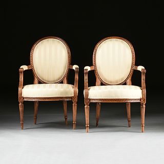 A SET OF FOUR LOUIS XVI STYLE UPHOLSTERED AND CARVED WALNUT FAUTEUILS EN CABRIOLET, 18TH/19TH CENTURY,