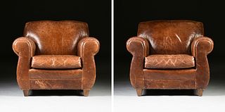 A PAIR OF OVERSTUFFED LEATHER ARMCHAIRS, MODERN,