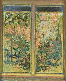 WILLIAM ANZALONE (American/Texas b. 1935) A DRAWING, "View of Flowering Plants through a Window,"