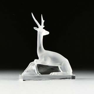 A LALIQUE FROSTED CRYSTAL STAG FIGURINE, "CERF," MID 20TH CENTURY,