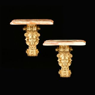 A PAIR OF LOUIS XIV STYLE GILT BRONZE AND ONYX WALL BRACKET SHELVES, EARLY 20TH CENTURY,