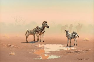 BRIAN SCOTT DAWKINS (South African b. 1949) A PAINTING, "Zebras in the Dust," JUNE 17, 1998,