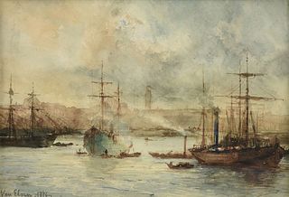 JEAN BAPTISTE TETAR VAN ELVEN (Dutch 1805-1889) A PAINTING, "Masted Boats in Port,"