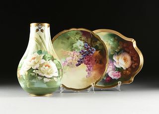 A GROUP OF THREE PARCEL GILT HAND PAINTED PORCELAIN TRAYS AND VASE, AMERICAN, 