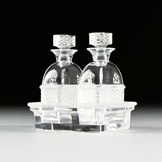 A LALIQUE OIL AND VINEGAR CRYSTAL CRUET STAND, BANGKOK PATTERN, ENGRAVED SIGNATURE,  LATE 20th CENTURY,