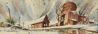 MICHAEL CLAYTON MCCULLOUGH (American/Choctaw 20th/21st Century) A PAINTING, "Winter Landscape with Barn,"