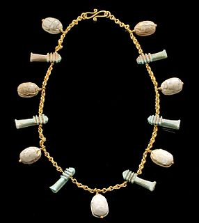 21K Gold Necklace w/ Egyptian Scarabs, Djed Pillars