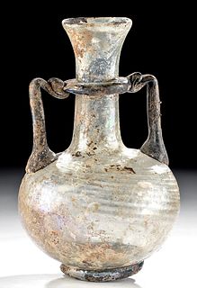 Roman Glass Footed Vase w/ Cobalt Blue Trail Handles
