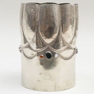 J. & J. Kohn Hammered Metal Vase Inset with Stones, Attributed to Kolomon Moser