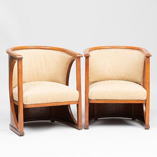 Pair of Josef Hoffmann Beech and Plywood Barrel Armchairs