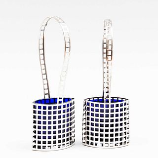 Pair of Josef Hoffman Designed Silver Mesh Flower Baskets with Blue Glass, for the Wiener WerkstÃ¤tte