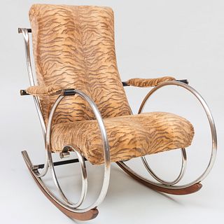 Woodard Chrome, Wood and Leather Rocking Chair