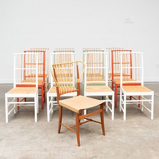 Assembled Set of Twelve Josef Frank Painted Wood, Bamboo and Cane Chairs and a Bamboo and Leather Chair