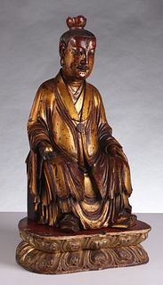 A FINE 17TH/18TH C CHINESE CARVED GILTWOOD SEER OR SAGE