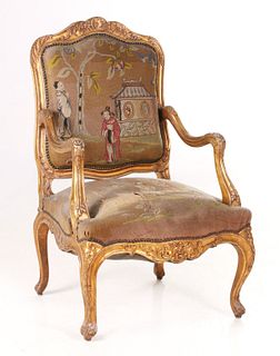 A LOUIS XV STYLE FAUTEIL IN CHINOISERIE TAPESTRY COVER