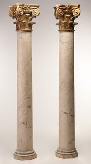 A PAIR GOOD FAUX MARBLE CARVED WOOD COLUMNS C. 1900