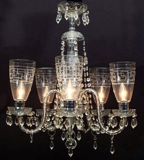 A MID 20TH C. CRYSTAL CHANDELIER WITH ETCHED DECORATION