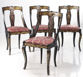 FOUR FRENCH EMPIRE GONDOLA CHAIRS WITH BOULLE WORK