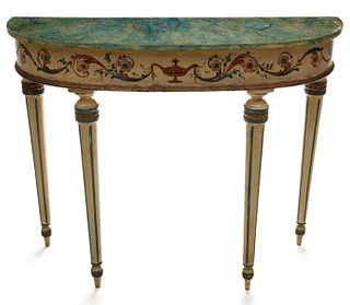 AN EARLY 20TH CENTURY PAINTED DEMILUNE CONSOLE TABLE
