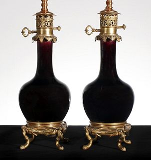 A PAIR FRENCH 19TH C. ORMOLU AND PORCELAIN FLUID LAMPS
