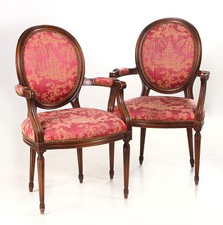 PAIR 20TH C. LOUIS XVI STYLE FAUTEIL IN DAMASK COVERING
