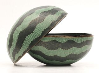 A CLOISONNE CONTAINER IN THE FORM OF A WATERMELON