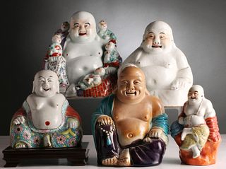A COLLECTION OF FIVE PORCELAIN LAUGHING BUDDHA FIGURES